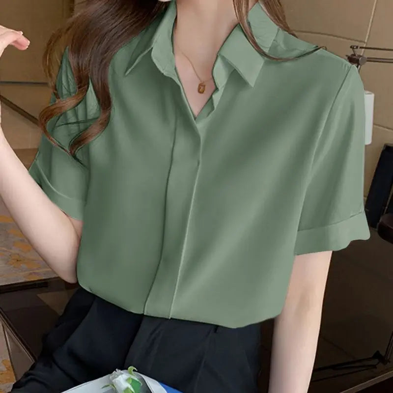 Women Summer Blouses Elegant Solid Shirts  Casual Lapel Short Sleeve Office Lady Work Blusas Female OL Tunic Chemise