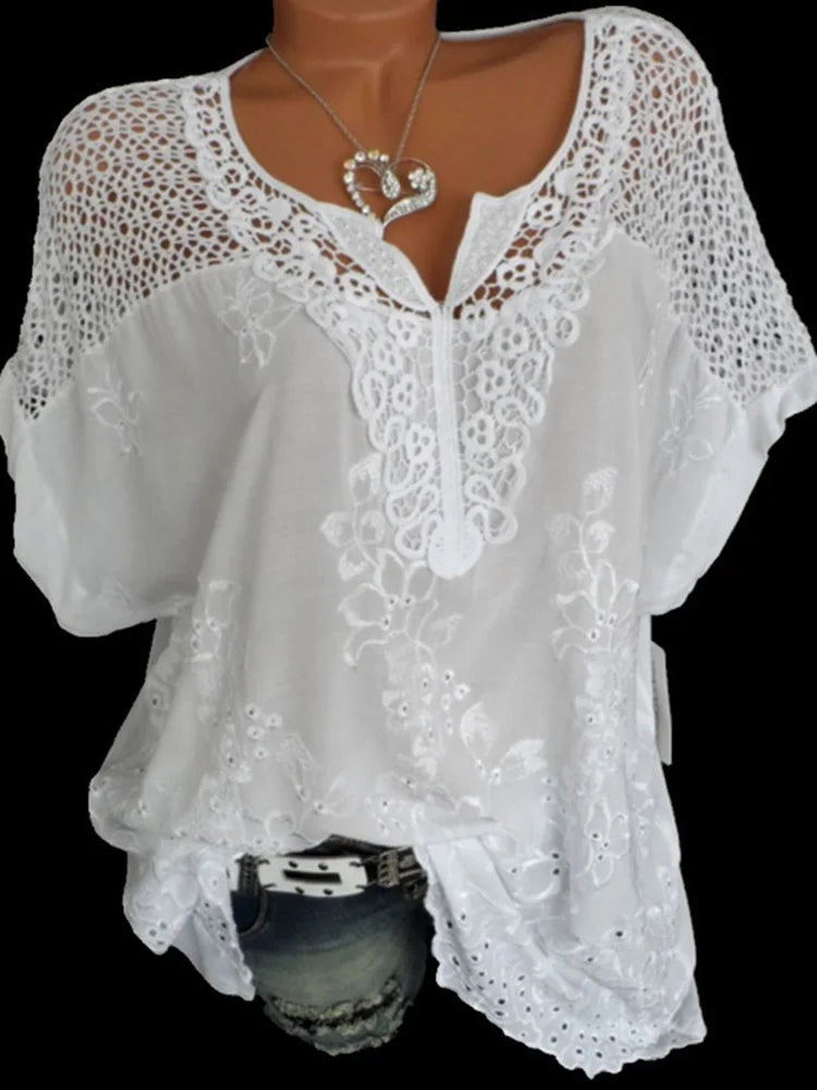 Large Size Loose Short-Sleeved Lace Women Blouses Cotton Blouses Summer V-neck White Shirt Tops Sexy Fashion Women Shirt