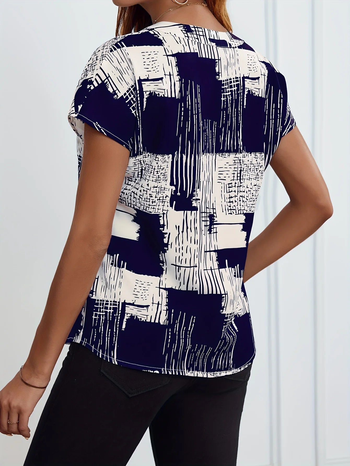 New Women's V-Neck Short Sleeve Shirt, Women's Full Print Dolman Sleeve Top, Women's