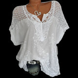 Large Size Loose Short-Sleeved Lace Women Blouses Cotton Blouses Summer V-neck White Shirt Tops Sexy Fashion Women Shirt