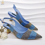 Women Heel Party Ladies Italian Design Green Shoes And Bag Set Decorated with Rhinestone Handbag Wedding Party