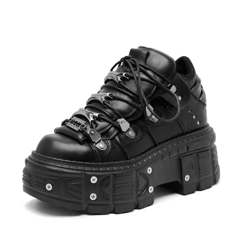 Punk Style Women Black Shoes Rock Metal Decor Lace-up Heel Height Platform Shoes Gothic Man Sneakers Women Ankle Boots