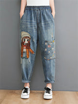 Cartoon Litter Girl Embroidery Denim Pants For Women Trendy Hole Casual High Waist Breeches Pockets Mom Harem Blue Jeans