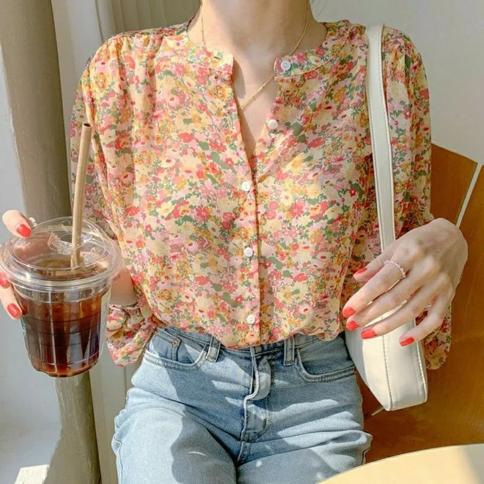 Women Elegant Print Chiffon Blouse Spring Summer Casual Long Sleeve V Neck Loose Shirt Office Lady Button Sweet Tops