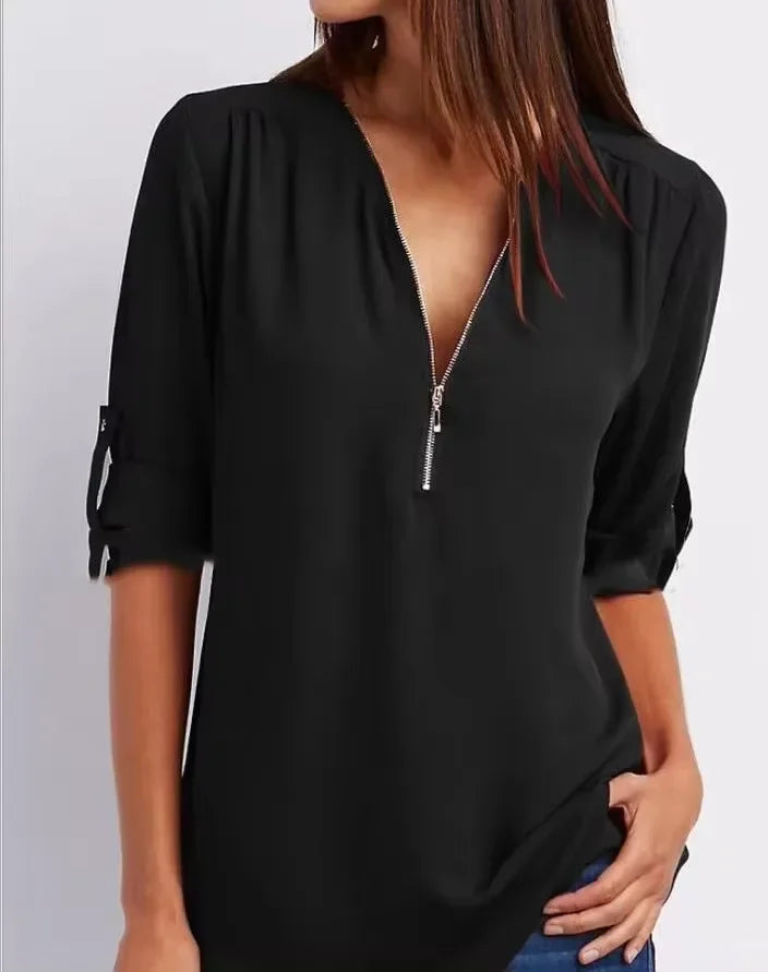 Hot Sale Women Cool Loose Shirt Deep V Neck Chiffon Fashion Blouse Casual Ladies Tops Sexy Zipper Pullover Plus Size