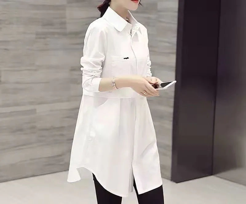 All-match Button Solid Midi Autumn Blouse for Female Korean Fashion Spliced Shirt Loose Long Sleeve Winter Polo-Neck Shirt