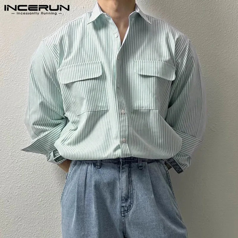 INCERUN Tops Korean Style Men Double Pocket Design Striped Shirt Stylish Solid Well Fitting Lapel Long Sleeved Blouse S-5XL