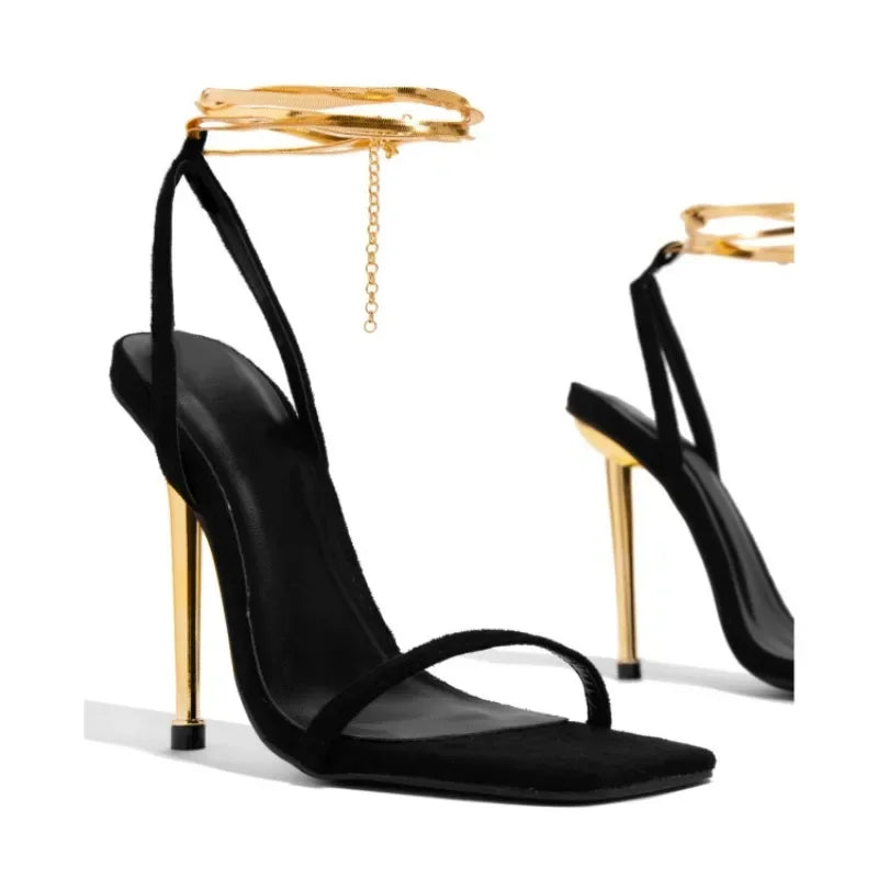 Women Heels Sexy Gold Padlock High Heels Sandals Thin Single Strap Metal Stiletto Sandals Gold Heel Shoes