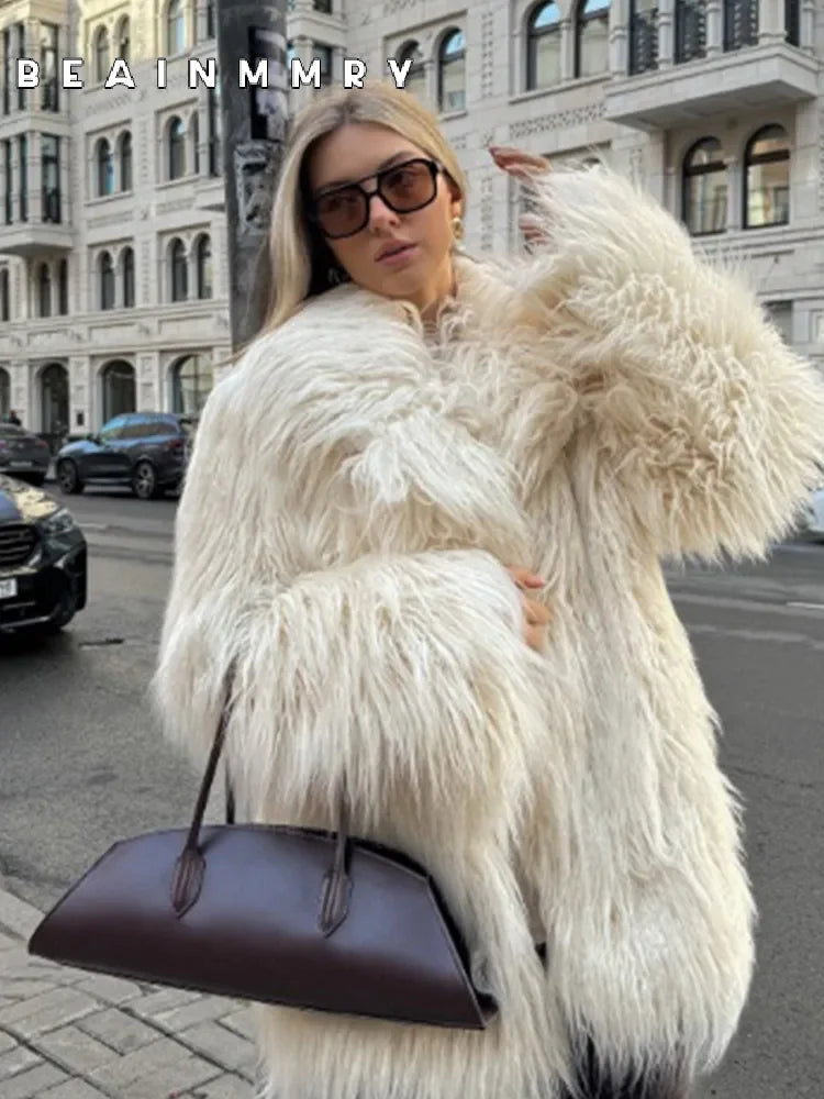 2024 White Elegant Warm Long Faux Fur Coat Fashion Lady Solid Color Full Sleeves Jacket 2024 Winter Woman High Street Outerwear