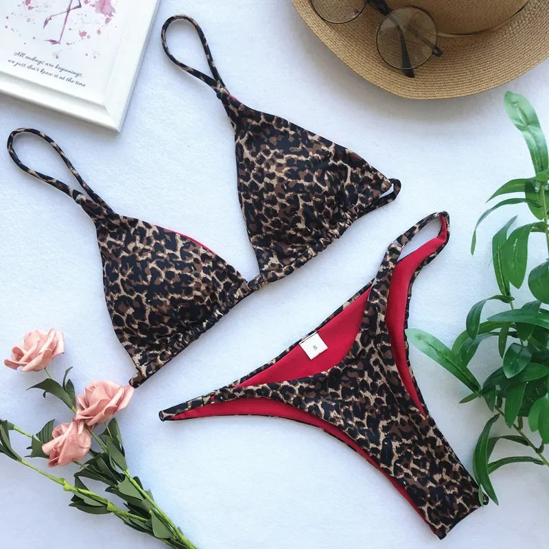 Micro Leopard Bikini Women High Cut  Bandage Push Up Swimsuit Sexy Bathing Suit Padded Thong Swimwear,Summer Beach Vacation