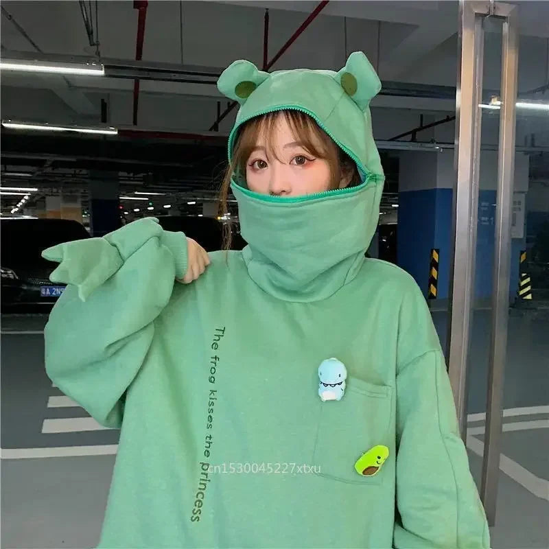 S-3XL Frog Zipper Hoodie Fleece Lined Springtime Embroidery oversized Sweatshirt Harajuku Warm Pullover Korean Style Dropship