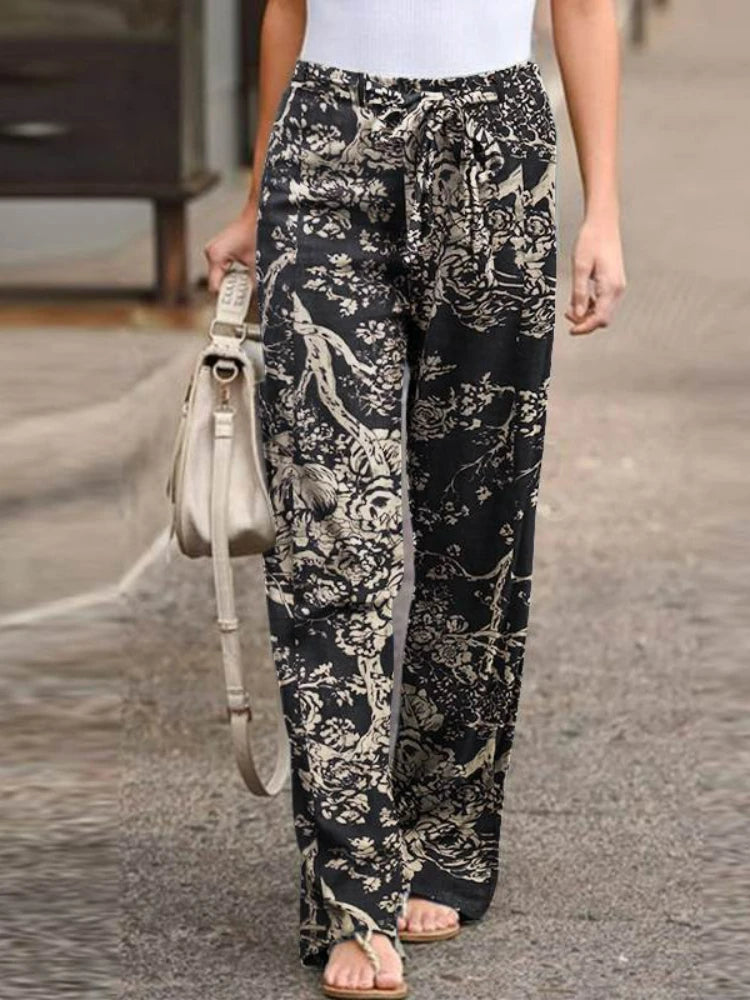 New Summer Fashion Casual Simple Comfortable Elastic Waist Cotton Hemp Large Size Printed High Waist Wide Leg Pants