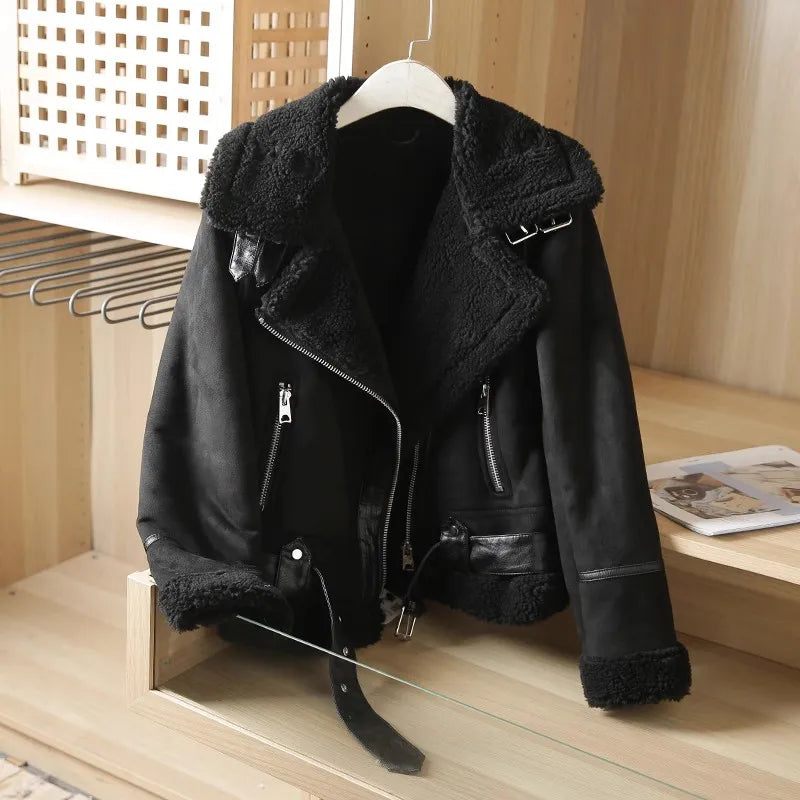 RARF Winter Women Thick Warm Suede Lamb Jacket Short Motorcycle Brown Coats Faux Shearling Sheepskin Leather Jackets Outwear