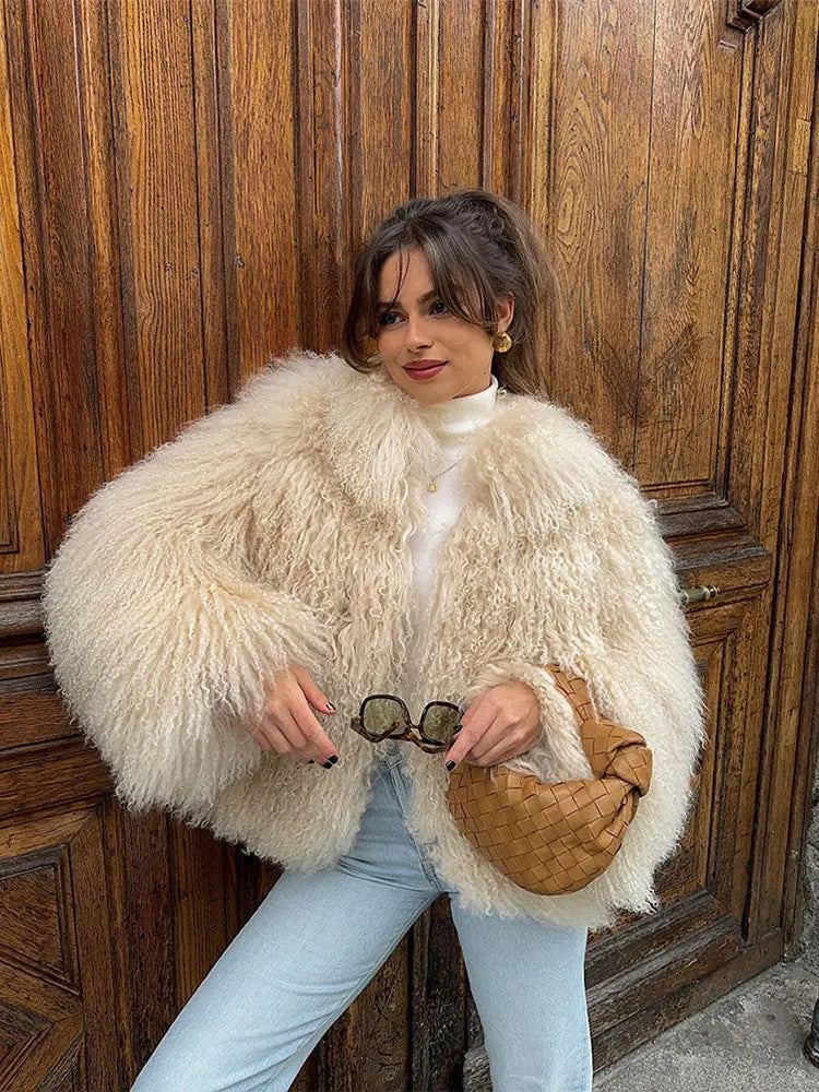 Elegant Furry Faux Fur Warm Short Coats Women Round Neck Long Sleeve Thickened Jacket 2024 Winter Lady High Street Outwear