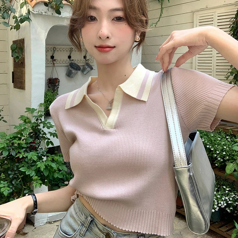 Female Summer Color Contrast Polo Turndown Collar Casual Fashion Short Knitted Versatile Tee T Short-Sleeved T-Shirt Top