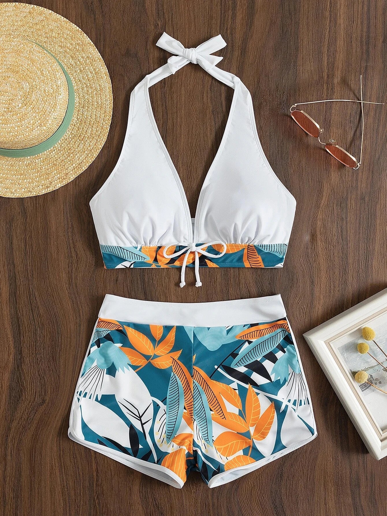 Halter Bikini Set Short Swimsuit Women High Waist Swimwear Female Printed Bathers Swimming Bathing Swim Suit Beachwear