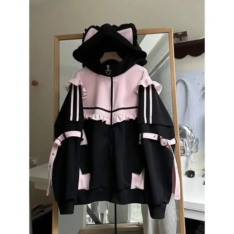 Japanese Sweet Subculture Y2K Clothing Hoodie Women Tops Autumn and Winter Color Match Splicing with Thick Velvet Cardigan Coat