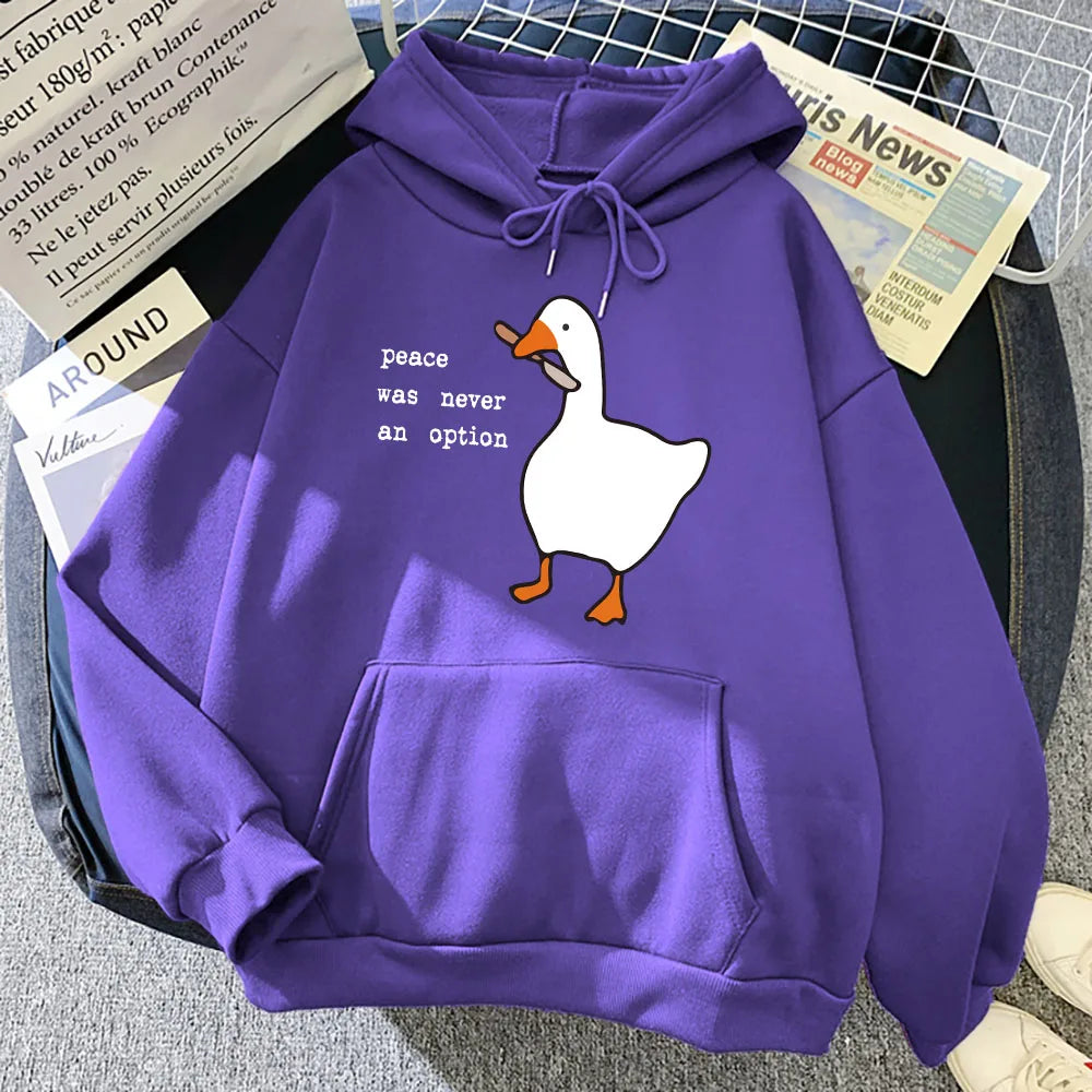 Peace Was Never An Option Goose Printing Mens Hoodies Cute Casual Pullover Creativity Pocket Warm Pullovers Fashion Male Hoody