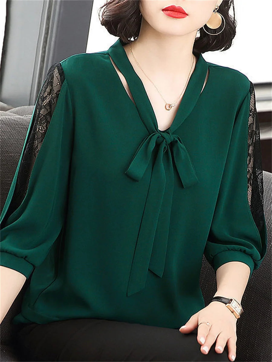 Women's Spring Summer Style Blouses Tops Lady Casual Bow Tie Collar Half Lace Sleeve Loose Blusas Tops