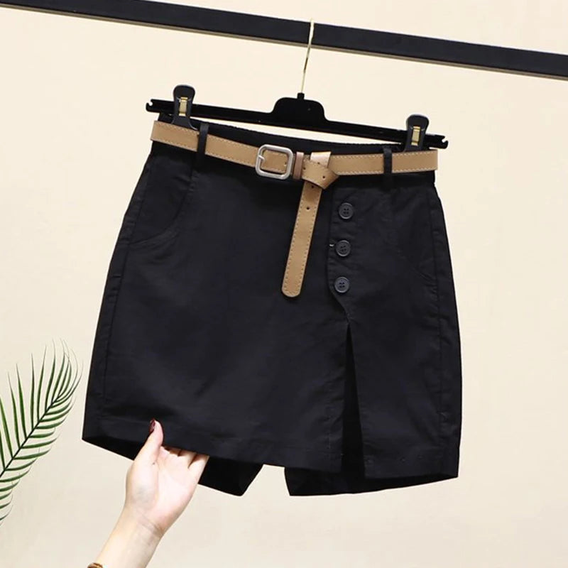 Chic Shorts Women Belt Korean Solid Buttons Side Slit A-line Streetwear Fashion Skirts Chic Harajuku Summer Loose Pants