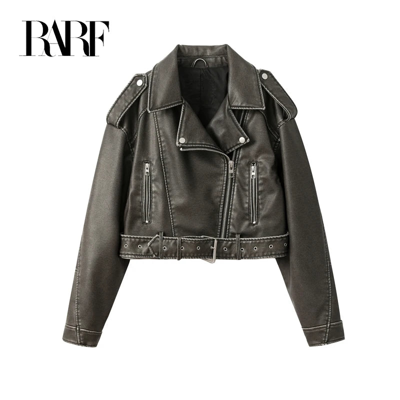 RARF 2024New Coal graysty le Women's washed leather jacket with belt, short coat with downgraded zipper and vintage lapel jacket