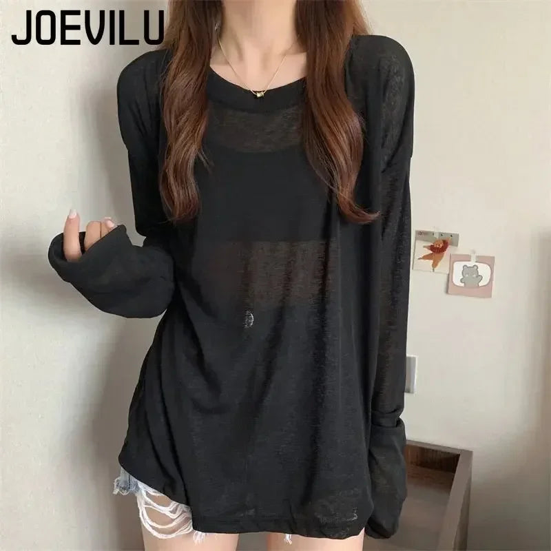 Mesh Sunscreen Clothing Long Sleeved T-shirt Cover Women's Summer Thin Fairy Tops Ladies Korean Casual Bottom Shirt Loose Blouse