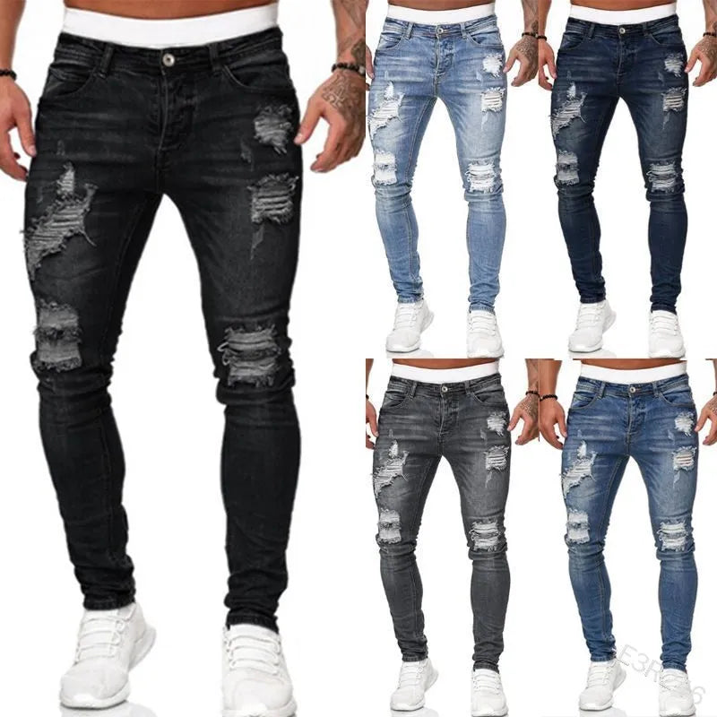 Ripped Mid Waist Slim Fit Men Jeans Vintage Denim Wash Solid Punk Style Skinny Pencil Pants Distressed Holes Ankle Length