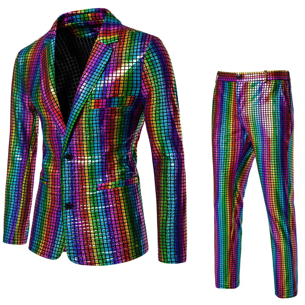 Fashionable New Men's Sequin Hot Stamping Suit Disco Cosplay Party Stage Nightclub Shiny and Cool Performance Suit Set SizeS-3XL