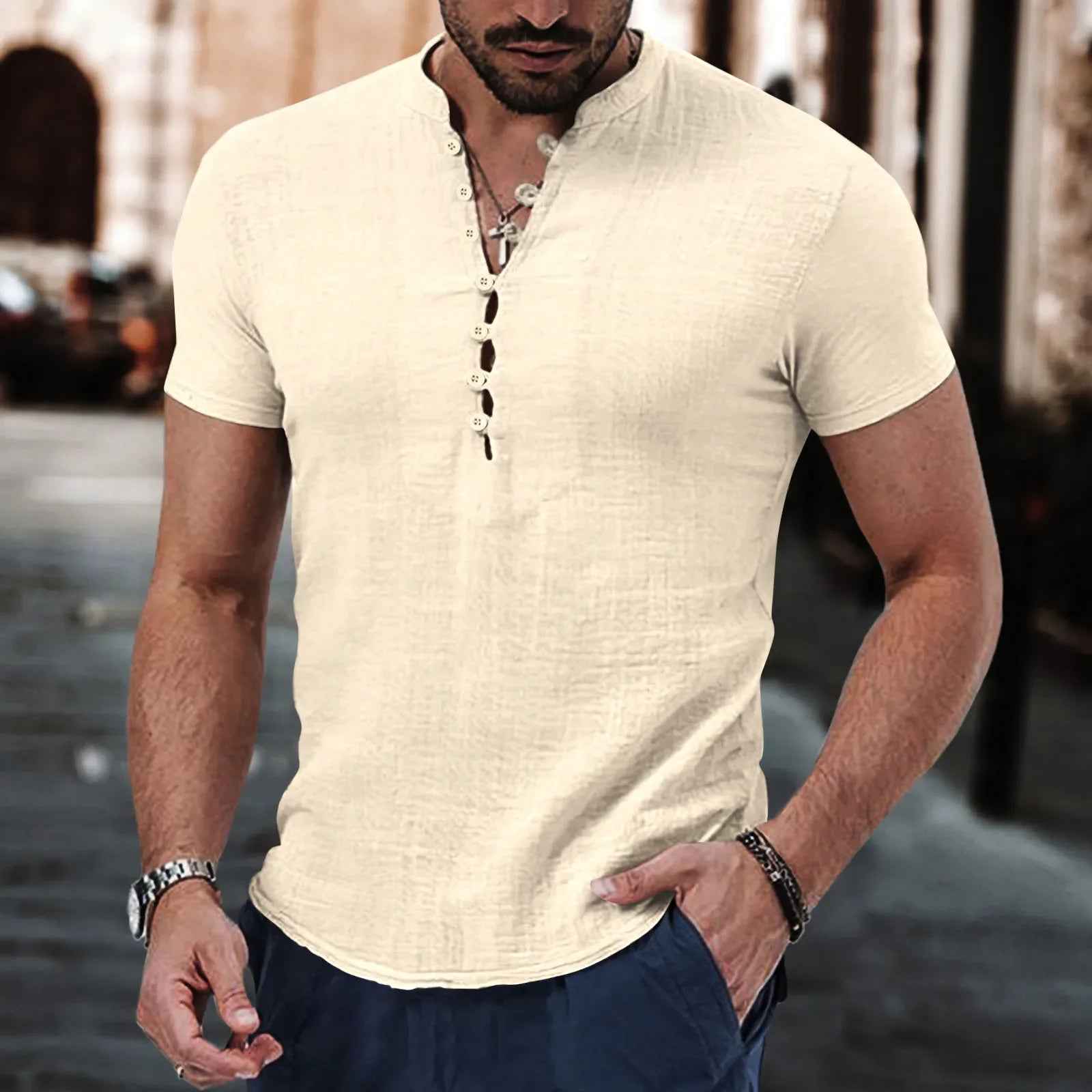 Fashionable men's new 13 button short sleeve cotton linen shirt casual beach style street top