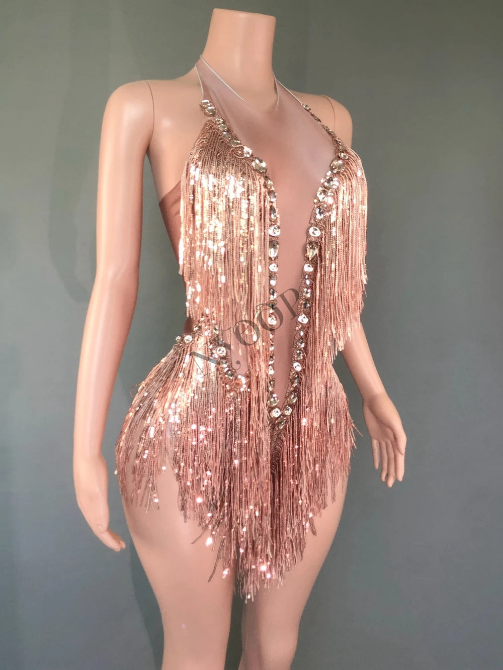 Sparkly Rhinestones Sequins Fringes Leotard Sexy Tassel Bodysuit One-piece Dance Costume Dancer Performance Show Stage Wear