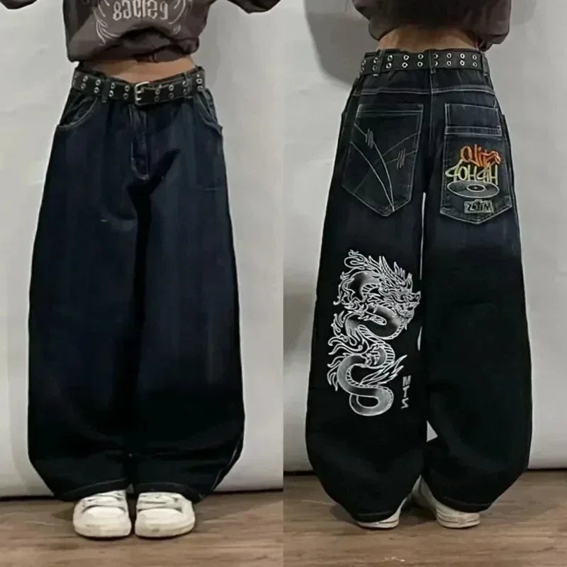 New American Trend Retro Hip-hop Embroidery Pattern Baggy Jeans For Men And Women Y2K Harajuku Gothic Wide Pants Streetwear