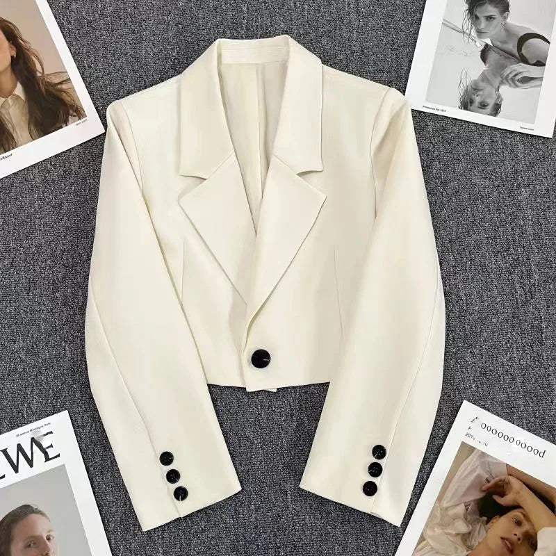 Black Cropped Blazers Woman Trend 2024 New All-match Notched Collar Crop Jacket Women Korean Chic Single Button Suit Coat