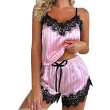 Summer Women's Sexy Home Casual Camisole Pajama Set with Pink and White Stripes Paired with Lace Edge V-Neck Sexy Pajama Set