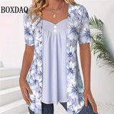 New Women T-Shirts Fashion Elegant Lady Two Pieces Flower Print Shirts Casual Short Sleeve Button Loose Tops Plus Size