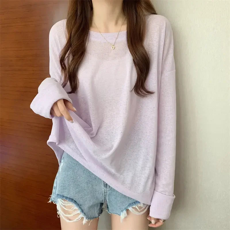 Mesh Sunscreen Clothing Long Sleeved T-shirt Cover Women's Summer Thin Fairy Tops Ladies Korean Casual Bottom Shirt Loose Blouse