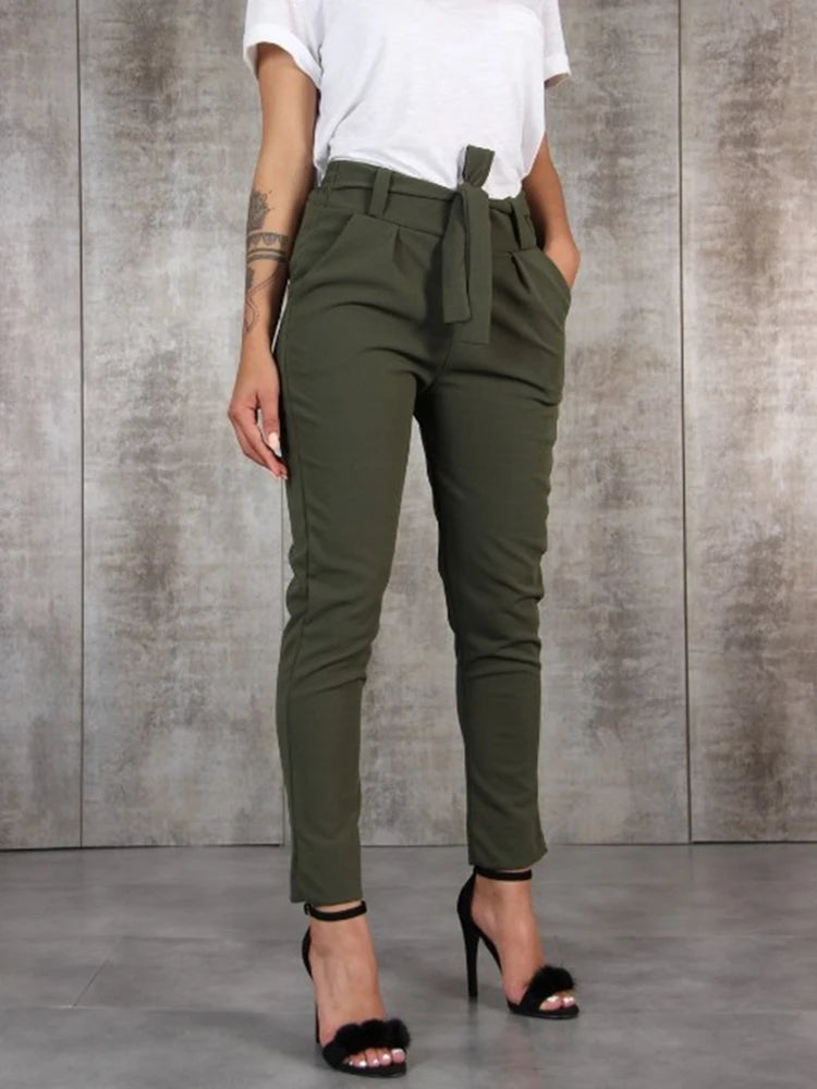 Spring Summer Autumn Casual Slim Chiffon Thin Pants For Women High Waist Black Khaki Green Pants Woman Trousers