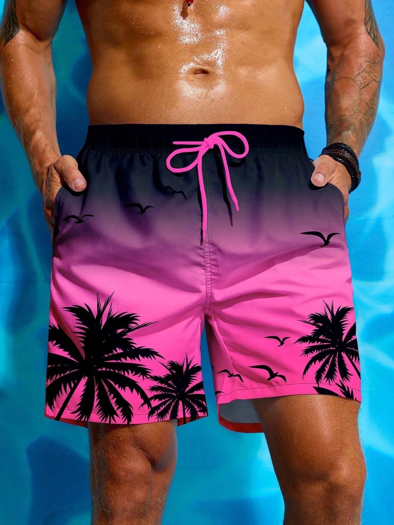 Summer Vacation Men's Palm Tree Print Drawstring Waist Board Shorts Fashion Swim Trunks 3D Print Breathable Short Streetwear