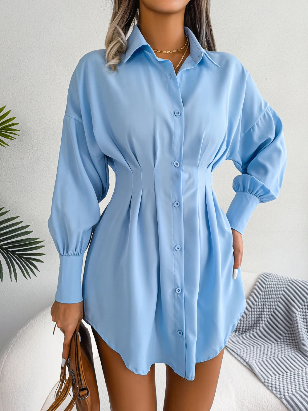 Women Casual Buttons Long Sleeve Shirt Dress Autumn Clothing White Blue Army Green