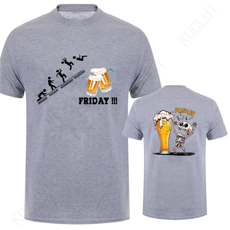 Funny Men's T Shirt Skeleton Enjoying FRIDAY Beer Day T-Shirt Finally Friday for Drink Lover Male Clothes Short Sleeve Tees