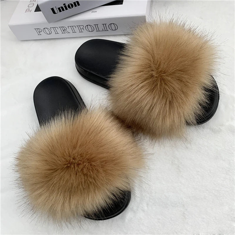 Summer Faux Fur Slippers Women Indoor Furry Fur Slides Female Plush Flip Flops Flats Sandals Casual Fluffy Slipper House Shoes