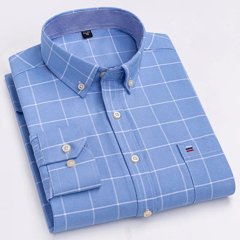 Men's 100% Cotton Shirt Long Sleeve Plaid Oxford Casual Solid Color Print Regular Fit Formal Dress Shirt