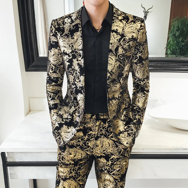 Men's Suit Set Shiny Gold and Silver 2-piece Set Korean Fashion Host Wedding Set Suit Jacket+pants Men's Hot Stamping Clothing