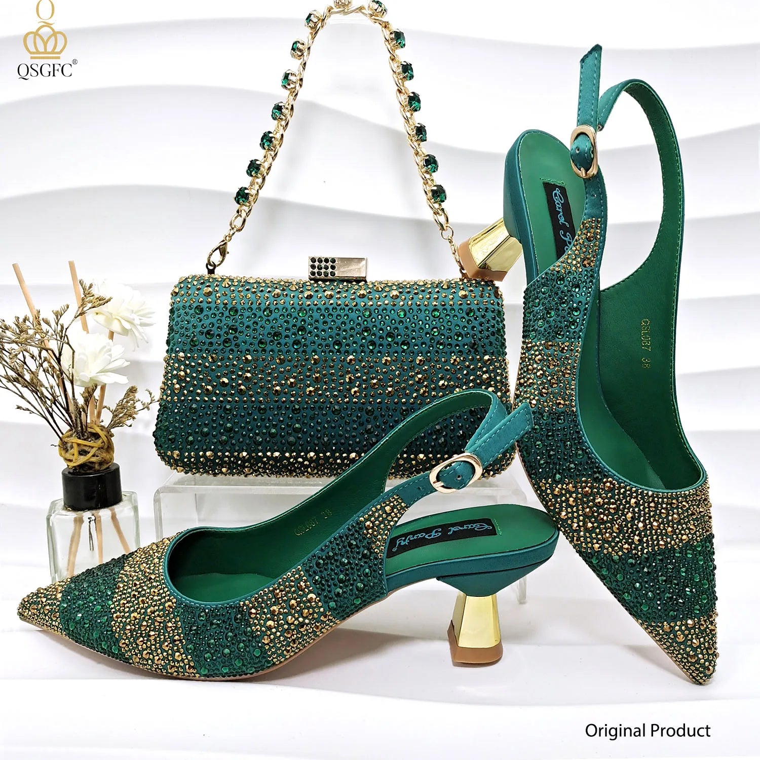 Women Heel Party Ladies Italian Design Green Shoes And Bag Set Decorated with Rhinestone Handbag Wedding Party