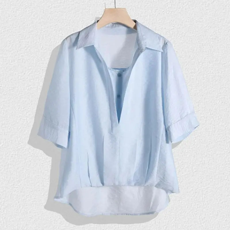 Simplicity Office Lady Summer New Women's POLO Collar Solid Button Pleated Fashion Fake Two Pieces Loose Short Sleeve Shirt Tops