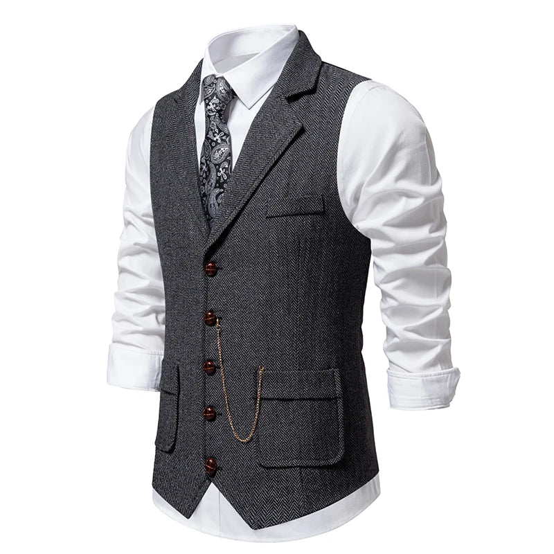 Men's Retro Lapel Chain Vest Fashion Herringbone Coarse Tweed Pockets Suit Vest British Casual Vintage Gentleman Leisure Party