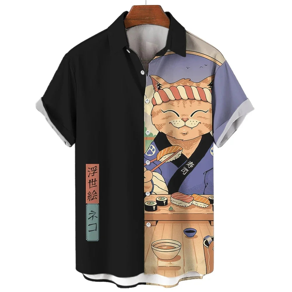 Fashion Men's Clothing Cool Samurai Cat Tops Summer New Men's Clothing Casual Short-Sleeved Anime Loose Blouse Hawaiian Shirts