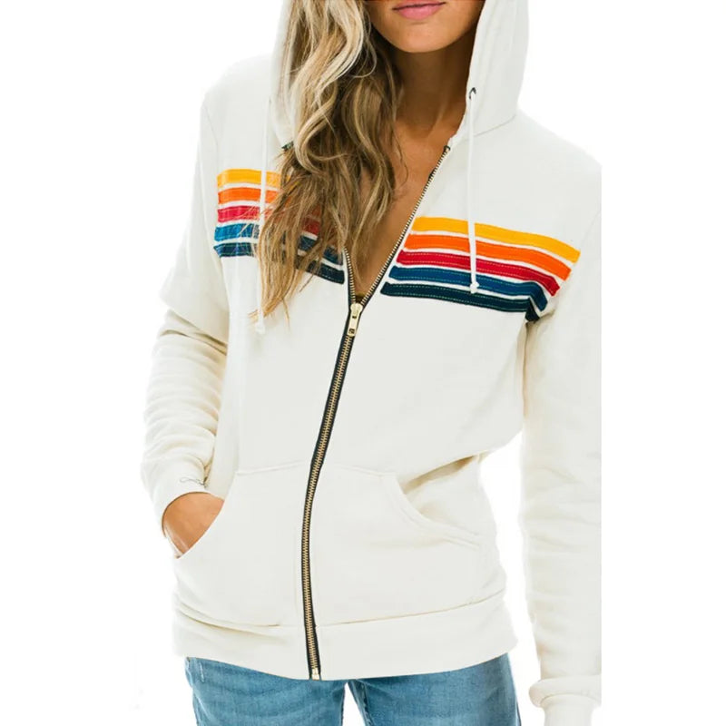 Donsignet Women Hoodies Coat New Casual Rainbow Hooded Sweatshirts Fashion Zip-up Striped Cardigan