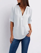 Hot Sale Women Cool Loose Shirt Deep V Neck Chiffon Fashion Blouse Casual Ladies Tops Sexy Zipper Pullover Plus Size