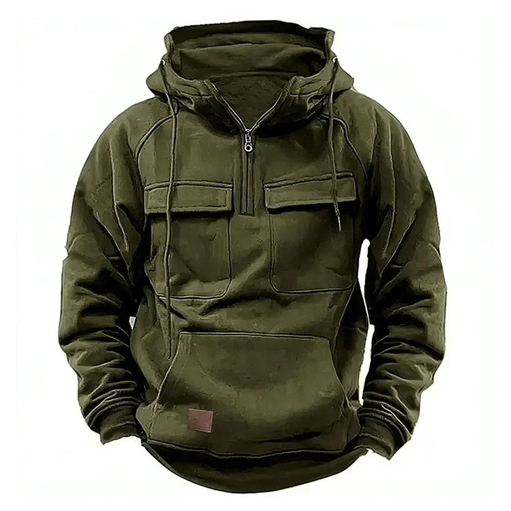 Half Zipper Men's Tactical Hoodies Solid Warm Fleece Military Sweatshirts Multi Pockets Male Hooded Jackets Thick Outdoor Polar