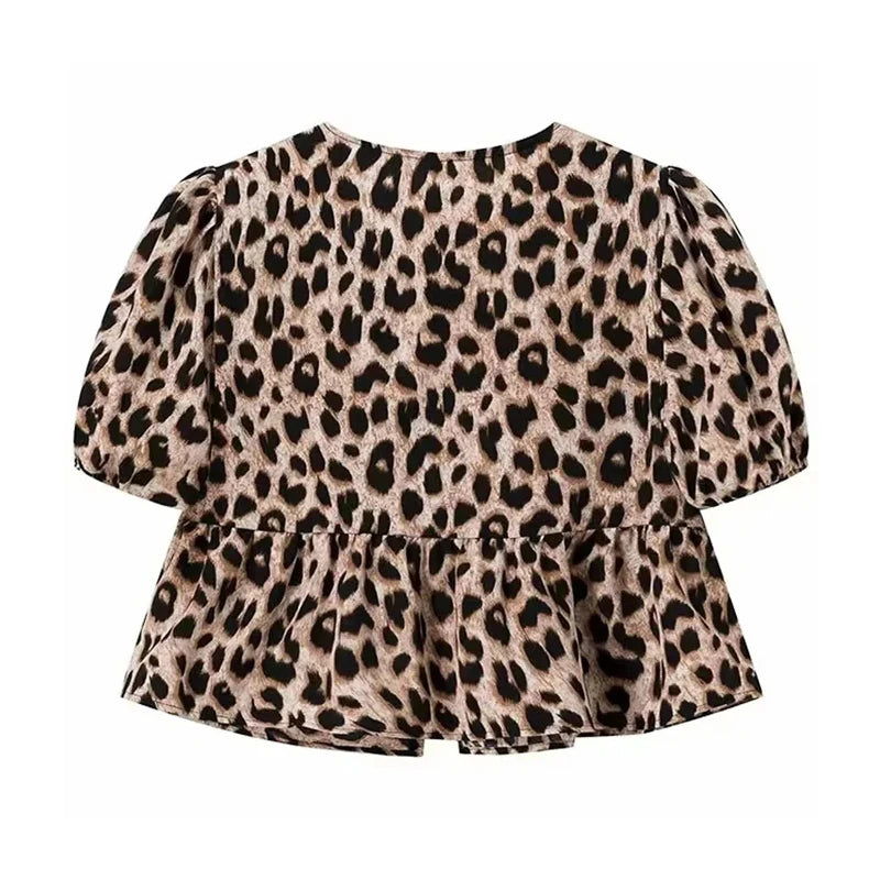 Leopard Print Crop Top Women Puff Sleeve Ruffle Blouses Woman 2024 Summer Shirts and Blouses for Women Ruched Ladies Tops